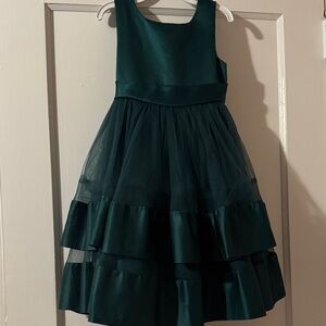 Elegant Green Kids Dress with Satin Embellished Trim on Skirt